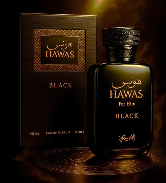Hawas for Him – Black Edition by Rasasi – Eau de Parfum 100ml  (هواس فور هِم – النسخة السوداء من رصاصي – أو دو بارفان ١٠٠ مل)